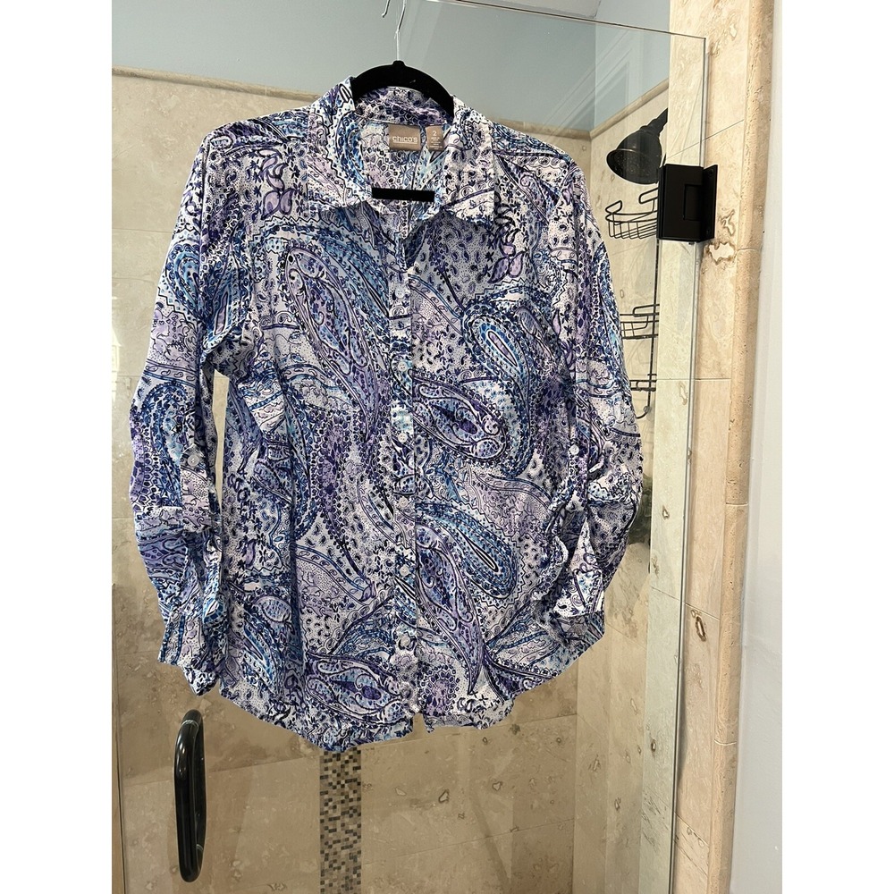 Chico's Size 2 Purple Blue Paisley Cotton Blouse Tuxedo Tail Button Down Top